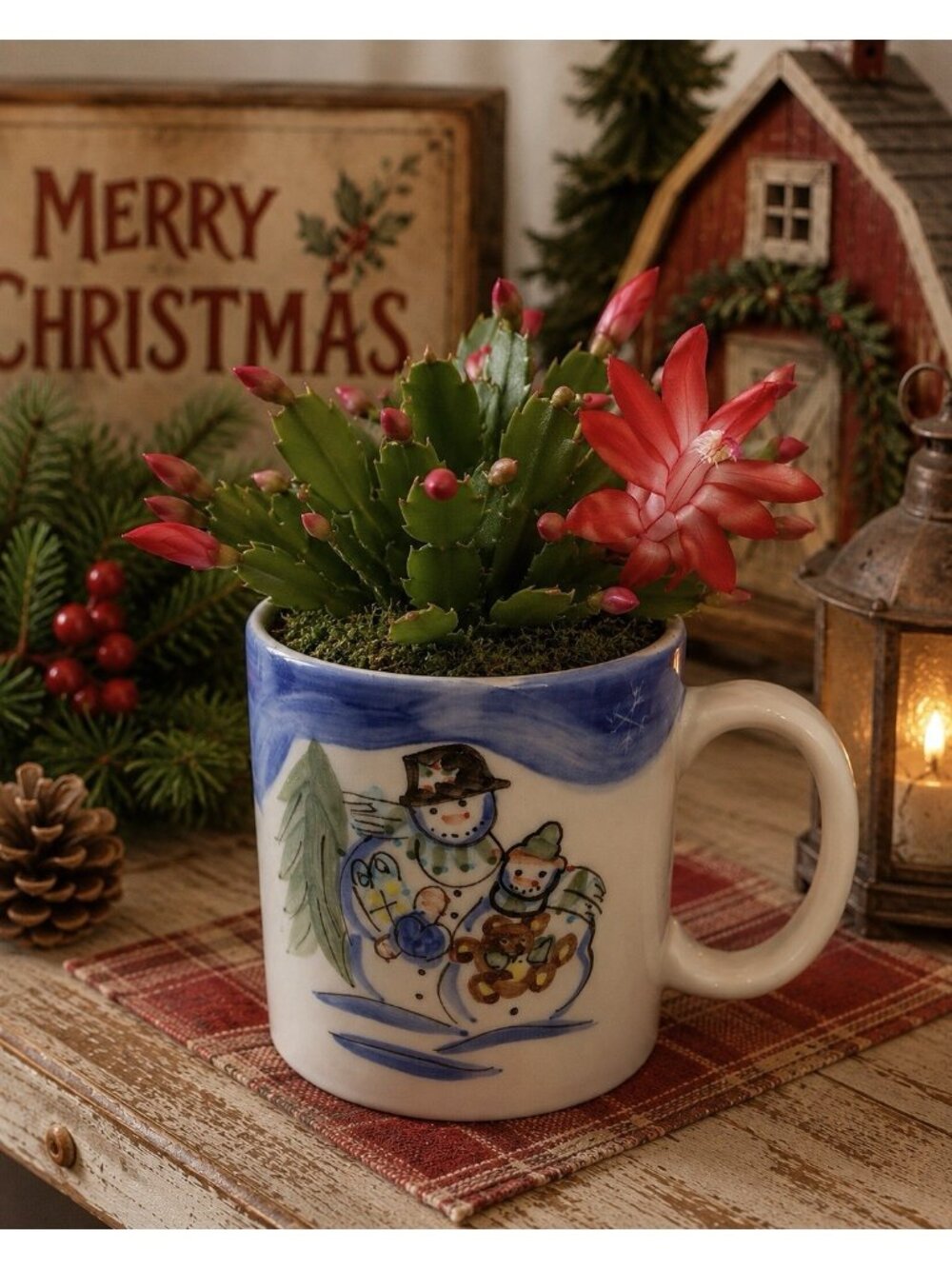 Handmade Upcycled Winterland Christmas Snowman Mug Planter Drainage Hole Y2K
